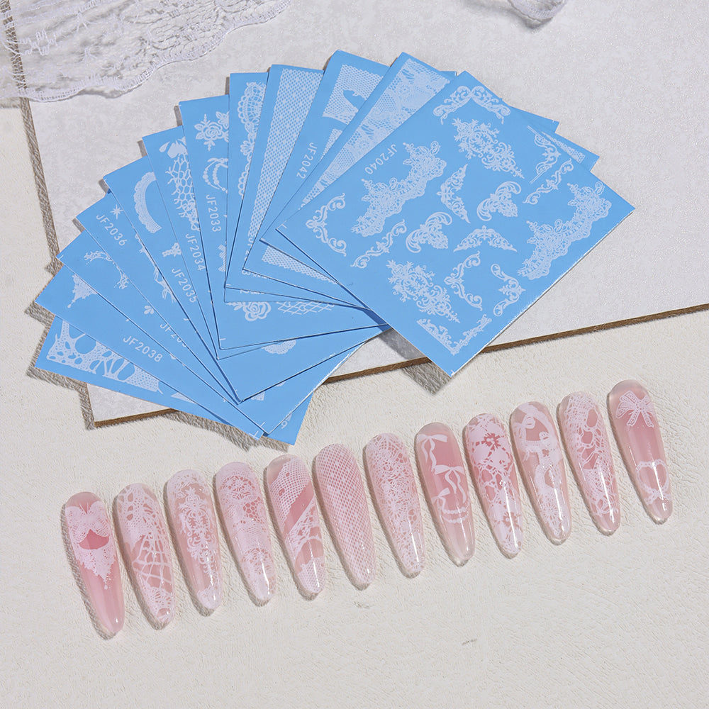 12 Sheets Vintage Lace Nail Water Transfer Stickers Mesh Bow Nail Decals