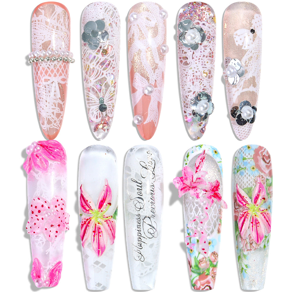 12 Sheets Vintage Lace Nail Water Transfer Stickers Mesh Bow Nail Decals