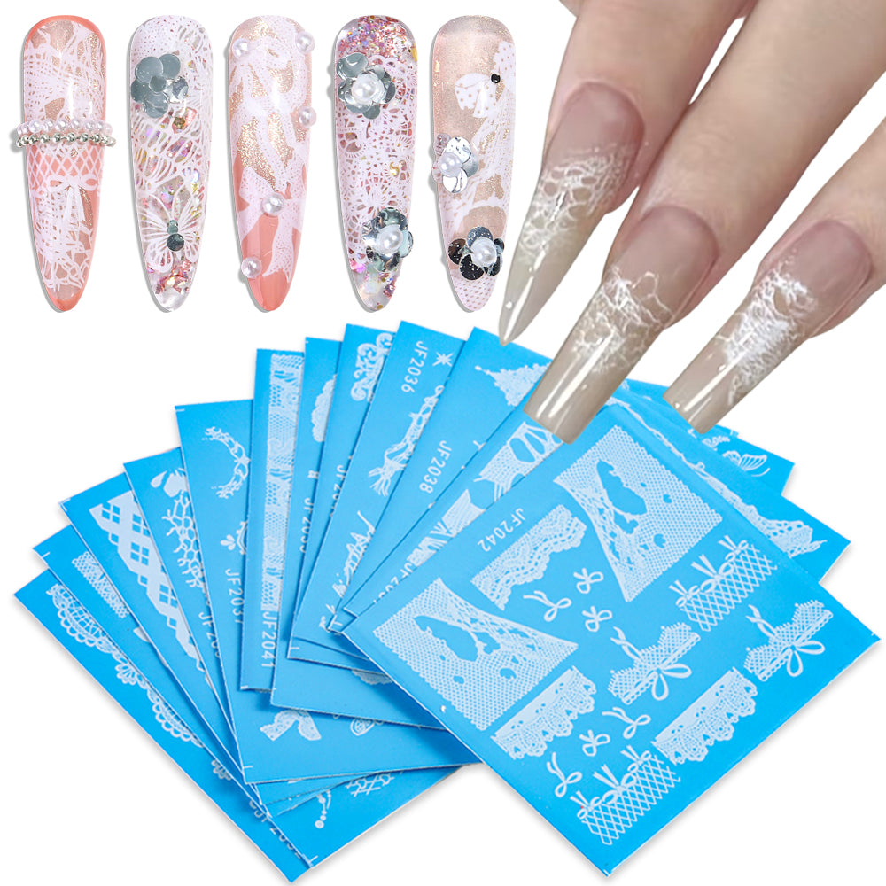 12 Sheets Vintage Lace Nail Water Transfer Stickers Mesh Bow Nail Decals