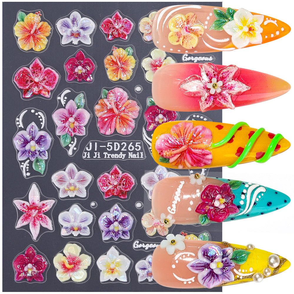 5D Embossed Butterfly Orchid Nail Stickers Iridescent Floral Nail Decals