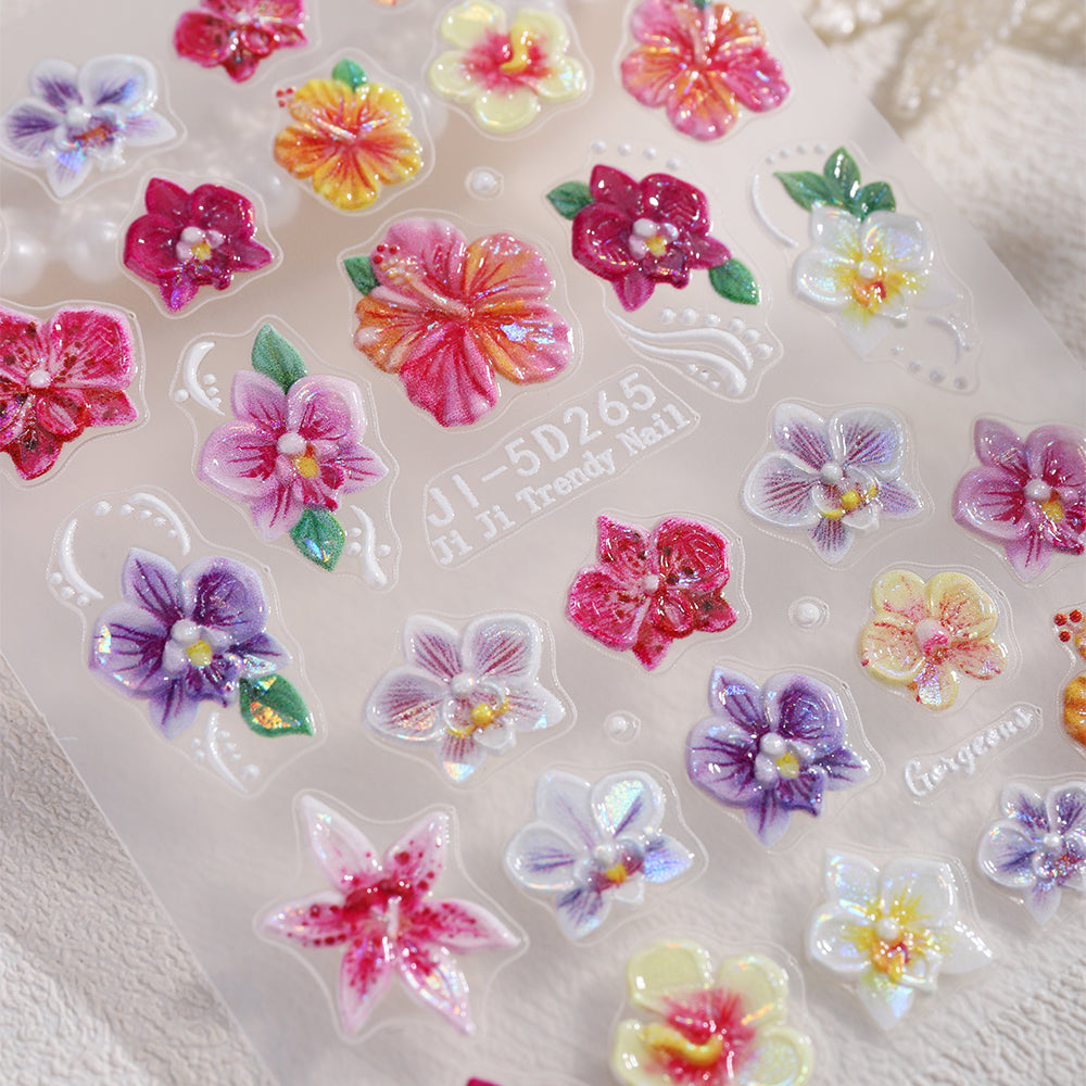 5D Embossed Butterfly Orchid Nail Stickers Iridescent Floral Nail Decals