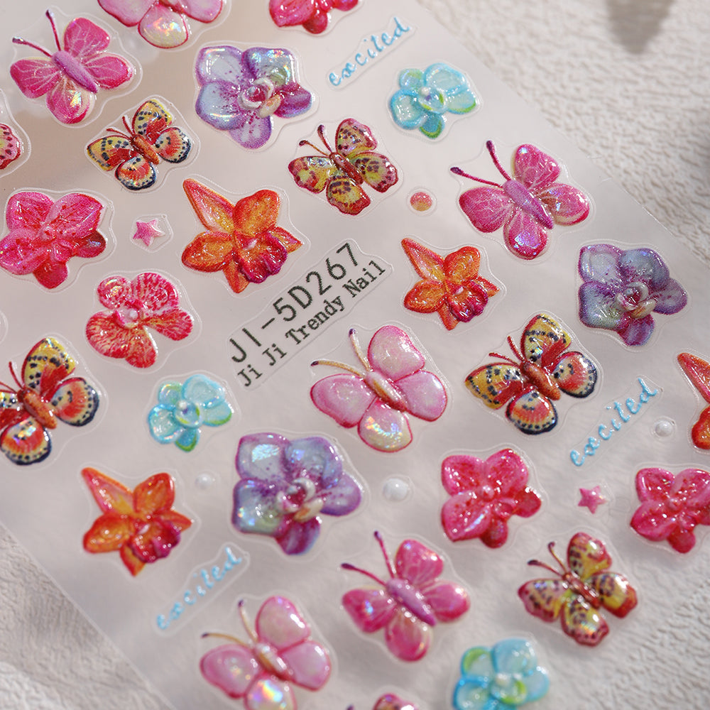 5D Embossed Butterfly Orchid Nail Stickers Iridescent Floral Nail Decals