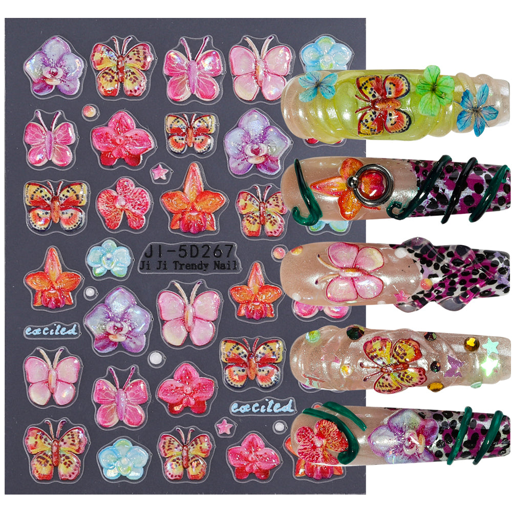 5D Embossed Butterfly Orchid Nail Stickers Iridescent Floral Nail Decals