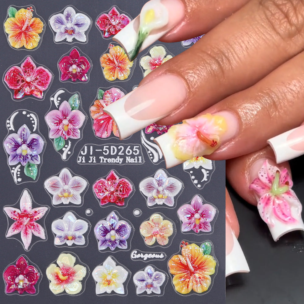 5D Embossed Butterfly Orchid Nail Stickers Iridescent Floral Nail Decals