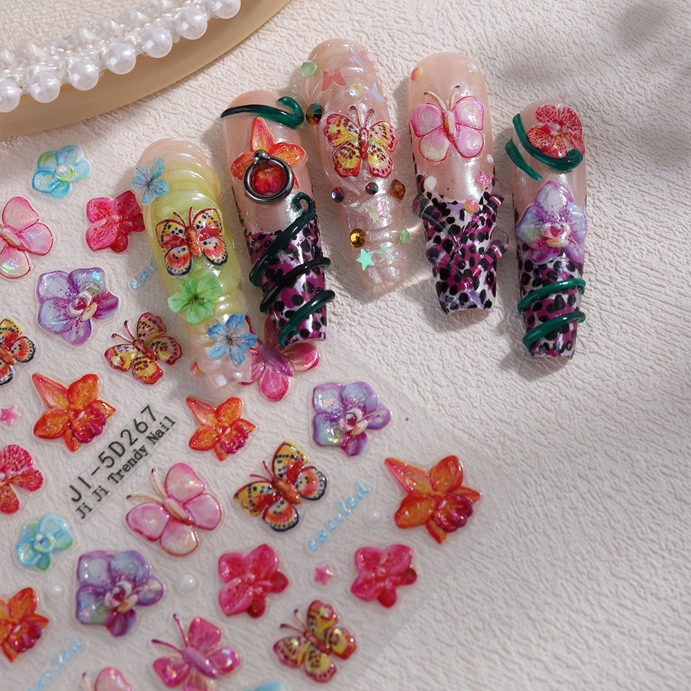5D Embossed Butterfly Orchid Nail Stickers Iridescent Floral Nail Decals
