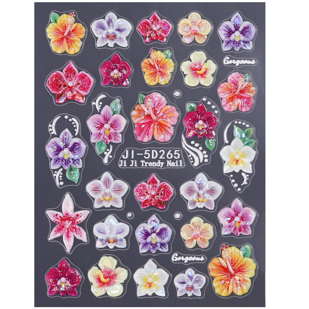 5D Embossed Butterfly Orchid Nail Stickers Iridescent Floral Nail Decals