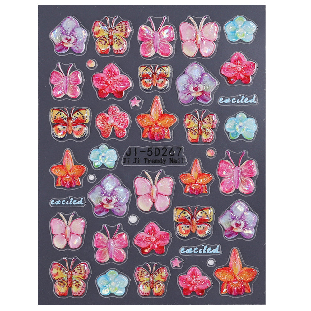 5D Embossed Butterfly Orchid Nail Stickers Iridescent Floral Nail Decals