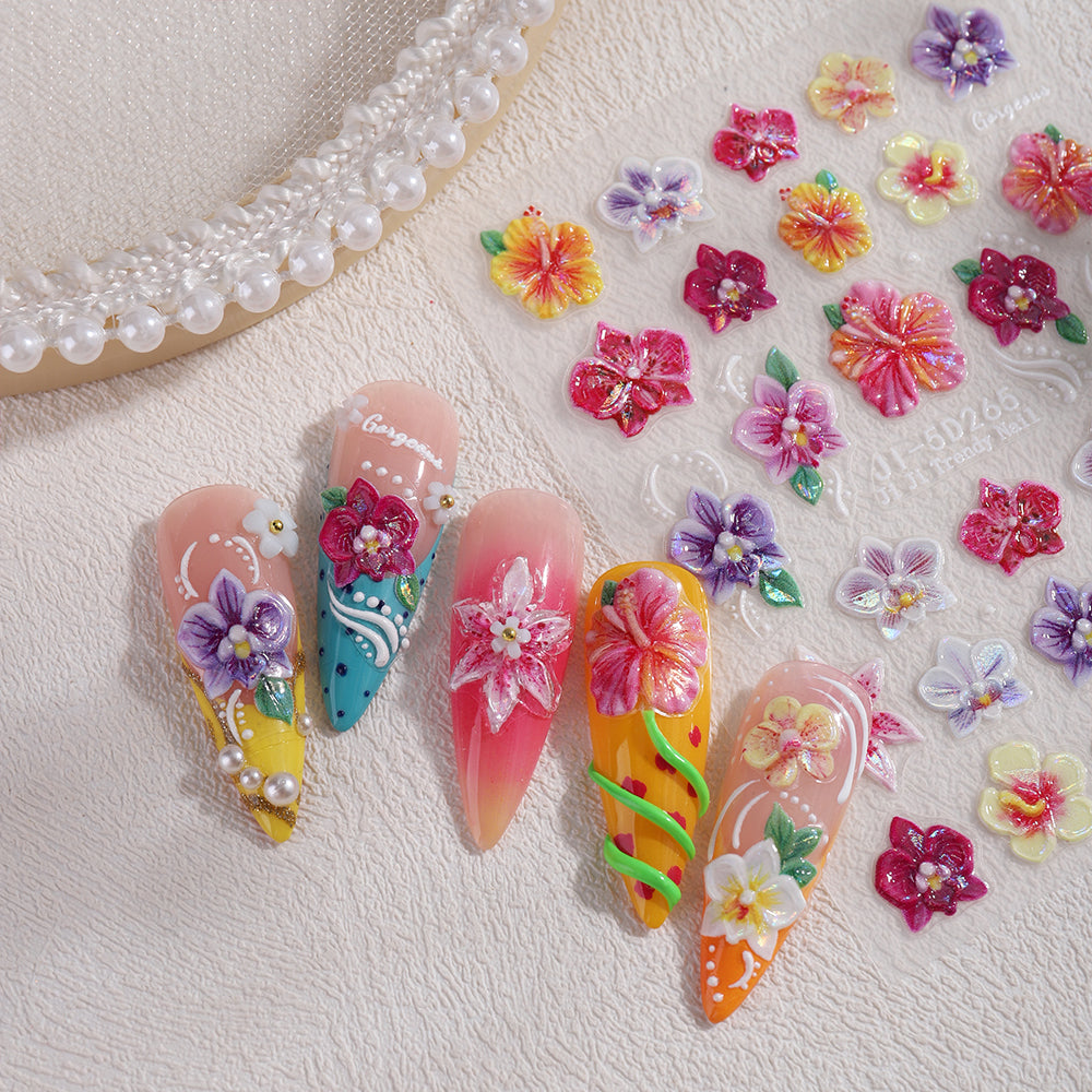 5D Embossed Butterfly Orchid Nail Stickers Iridescent Floral Nail Decals