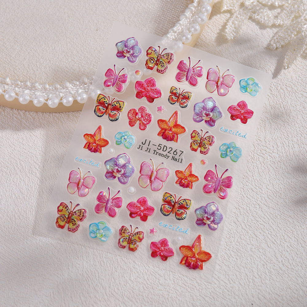5D Embossed Butterfly Orchid Nail Stickers Iridescent Floral Nail Decals