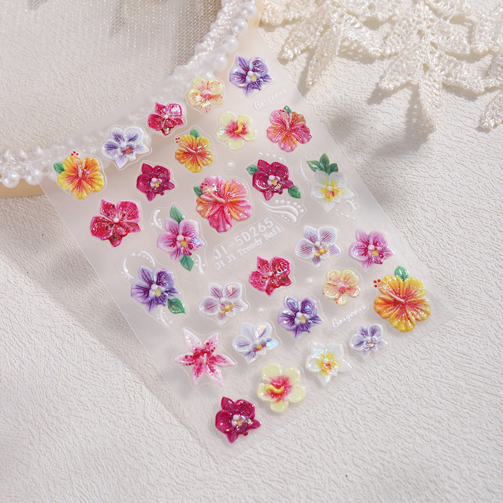 5D Embossed Butterfly Orchid Nail Stickers Iridescent Floral Nail Decals