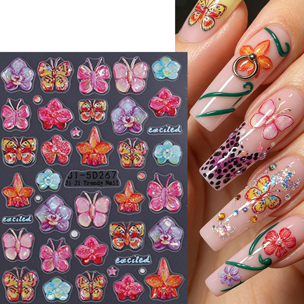 5D Embossed Butterfly Orchid Nail Stickers Iridescent Floral Nail Decals