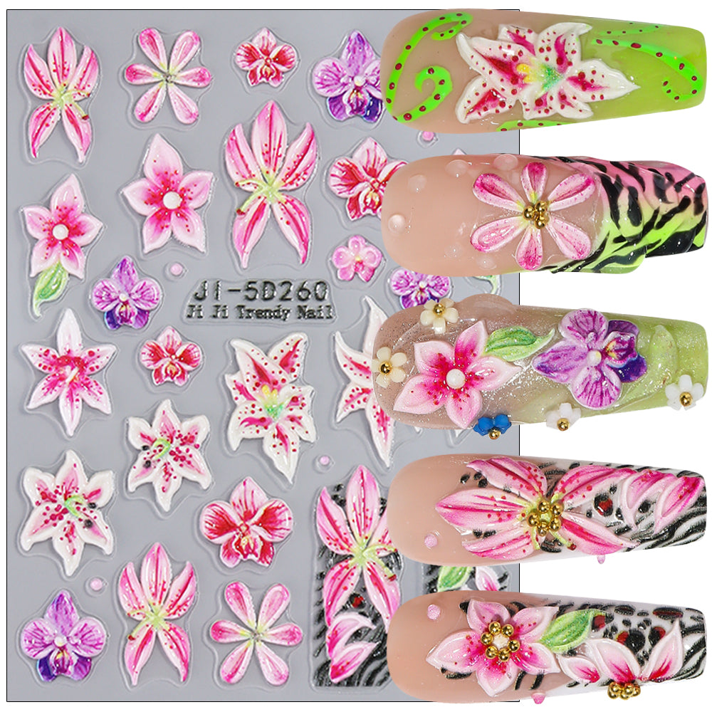 5D Embossed Lily Leopard Nail Stickers Y2K Floral Nail Decals