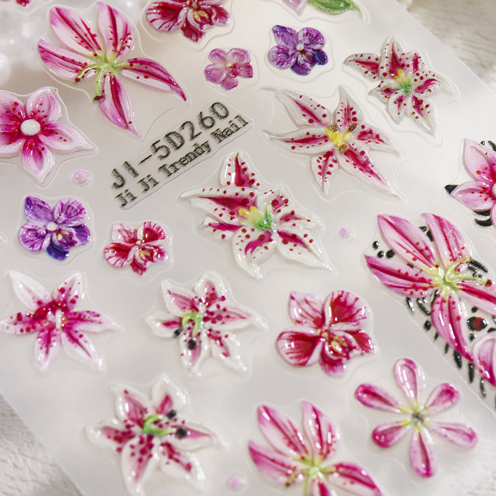 5D Embossed Lily Leopard Nail Stickers Y2K Floral Nail Decals