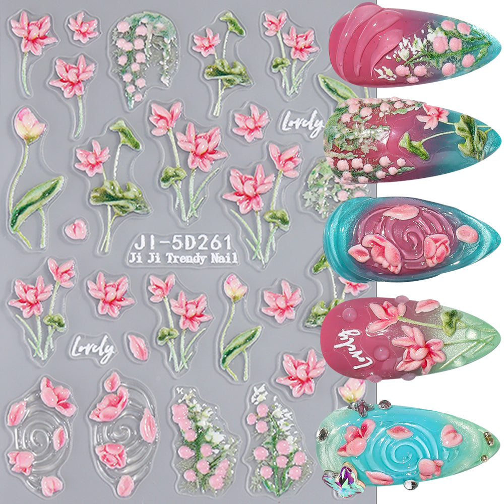 5D Embossed Lily Leopard Nail Stickers Y2K Floral Nail Decals
