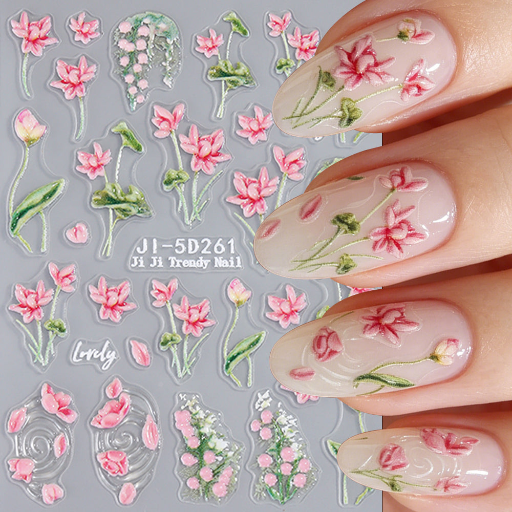 5D Embossed Lily Leopard Nail Stickers Y2K Floral Nail Decals