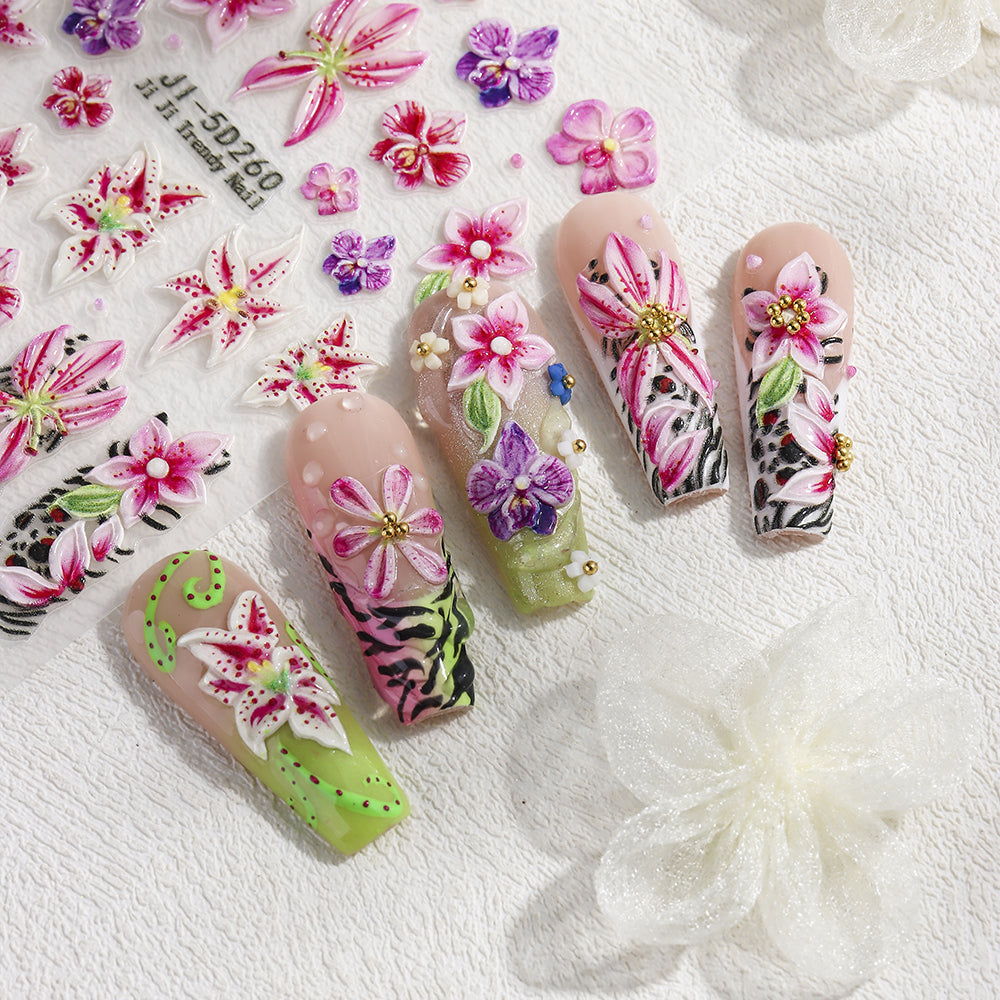5D Embossed Lily Leopard Nail Stickers Y2K Floral Nail Decals