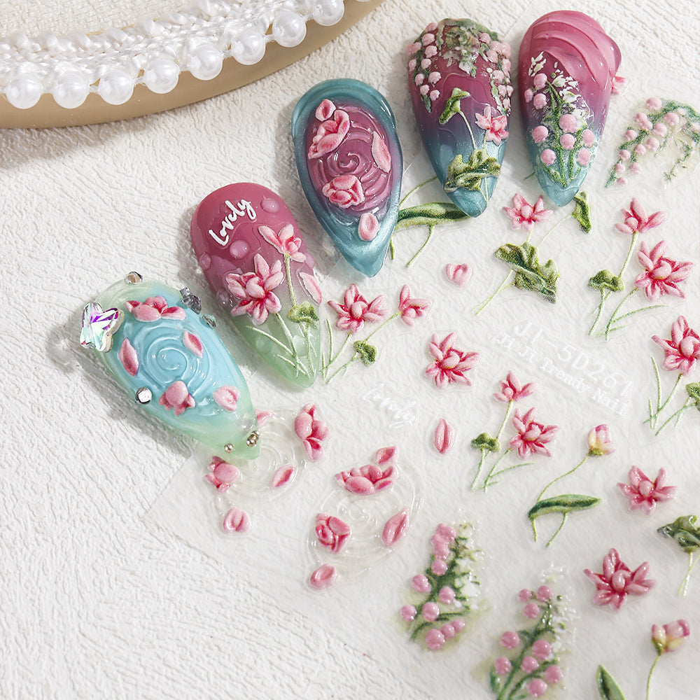 5D Embossed Lily Leopard Nail Stickers Y2K Floral Nail Decals