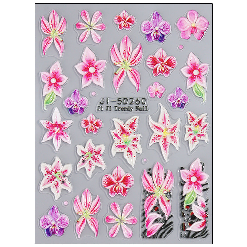 5D Embossed Lily Leopard Nail Stickers Y2K Floral Nail Decals