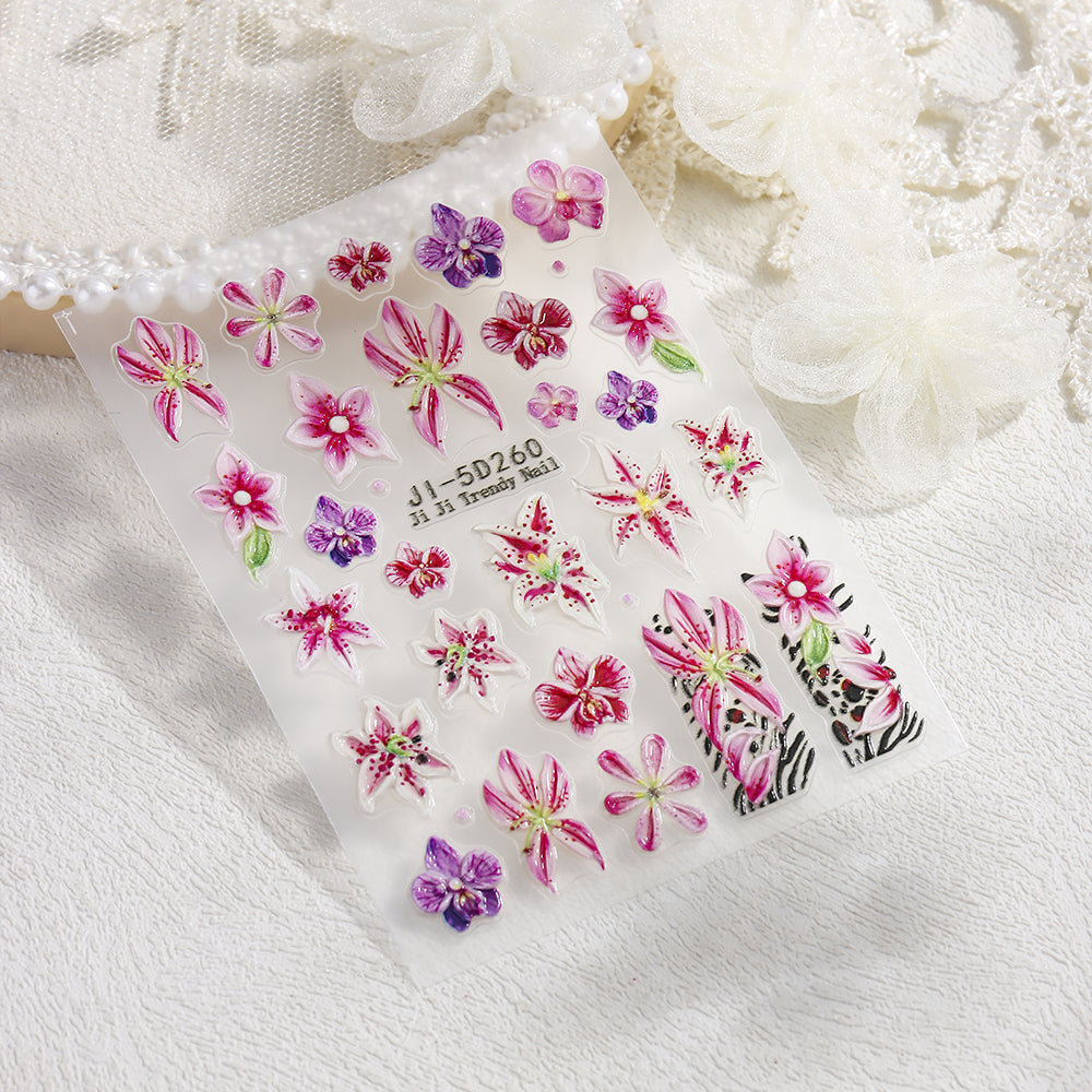 5D Embossed Lily Leopard Nail Stickers Y2K Floral Nail Decals