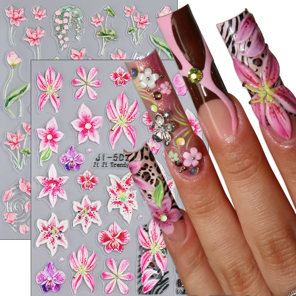 5D Embossed Lily Leopard Nail Stickers Y2K Floral Nail Decals