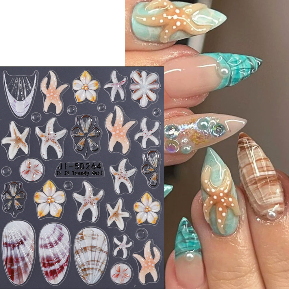5D Embossed Ocean Flower Nail Stickers Seashell Starfish 3D Nail Decals