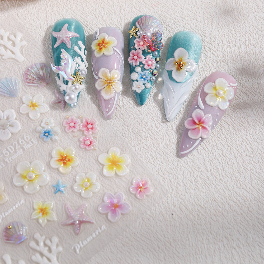 5D Embossed Ocean Flower Nail Stickers Seashell Starfish 3D Nail Decals