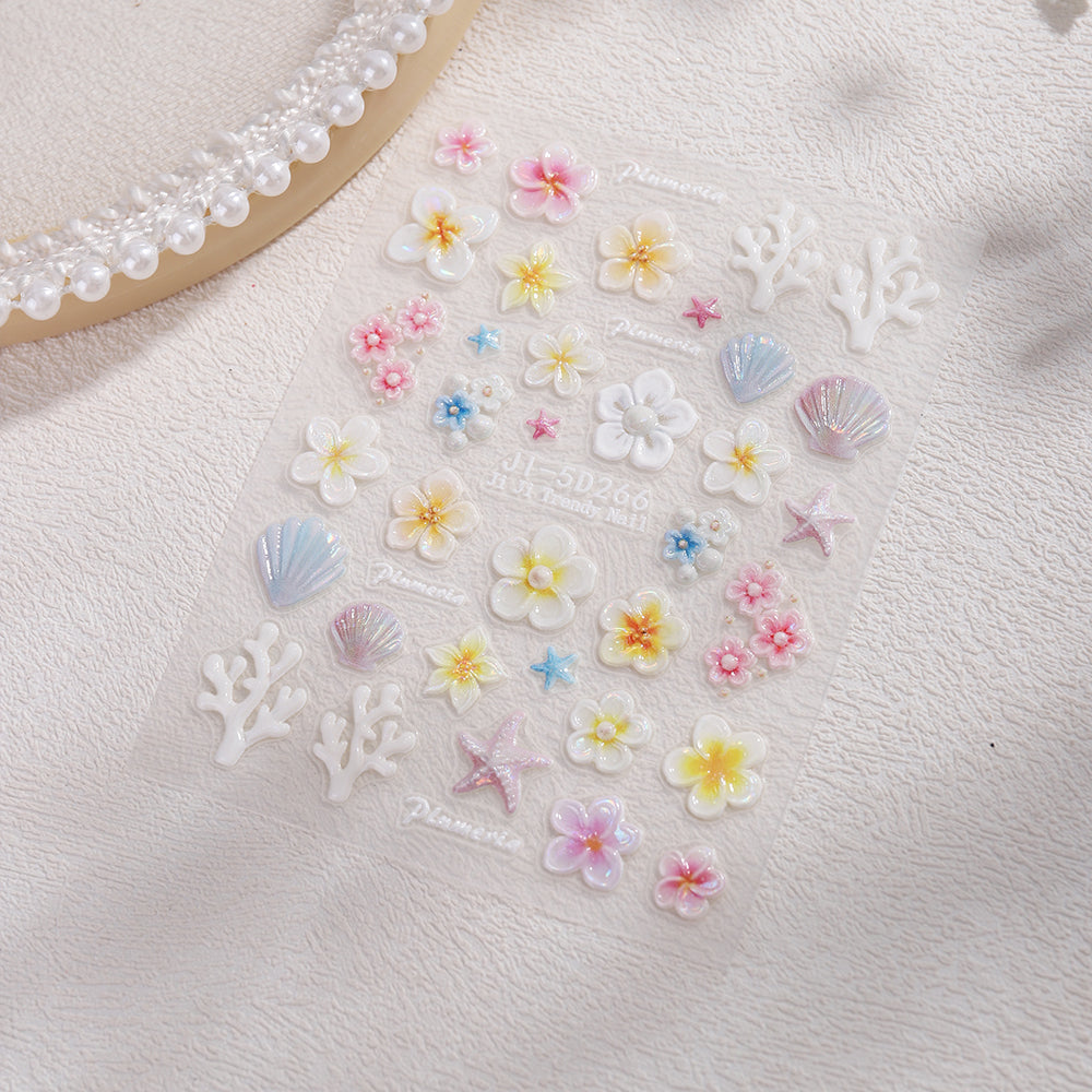 5D Embossed Ocean Flower Nail Stickers Seashell Starfish 3D Nail Decals