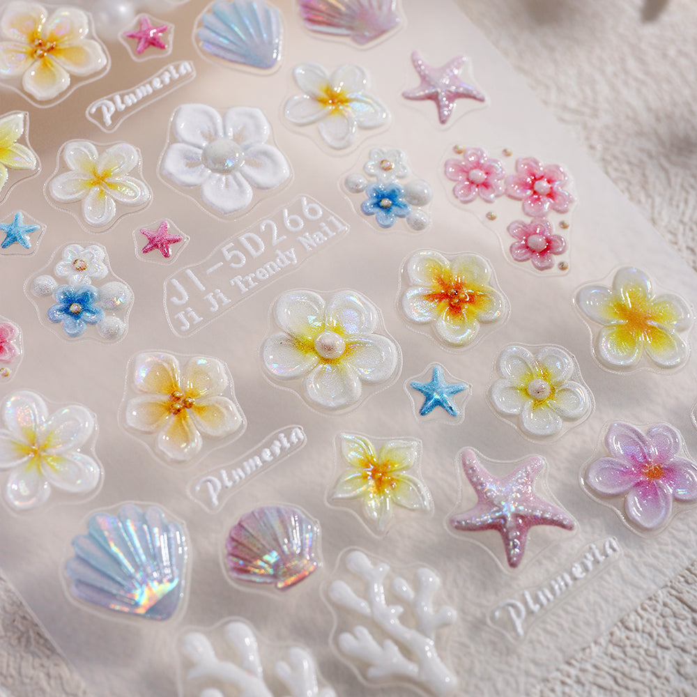 5D Embossed Ocean Flower Nail Stickers Seashell Starfish 3D Nail Decals