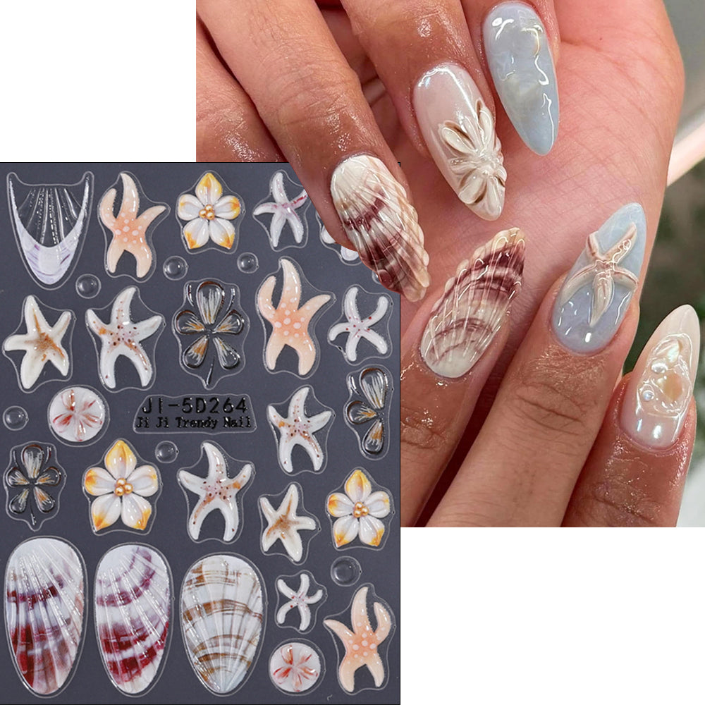 5D Embossed Ocean Flower Nail Stickers Seashell Starfish 3D Nail Decals