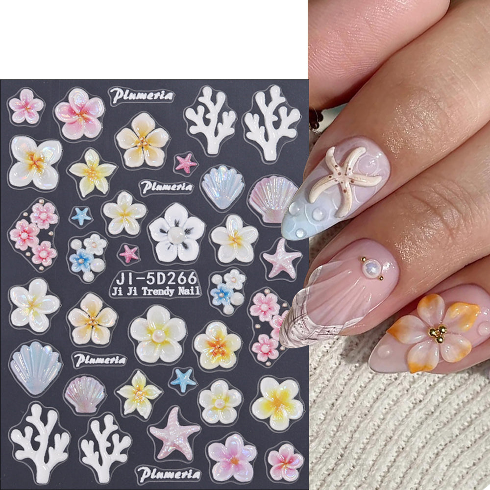 5D Embossed Ocean Flower Nail Stickers Seashell Starfish 3D Nail Decals