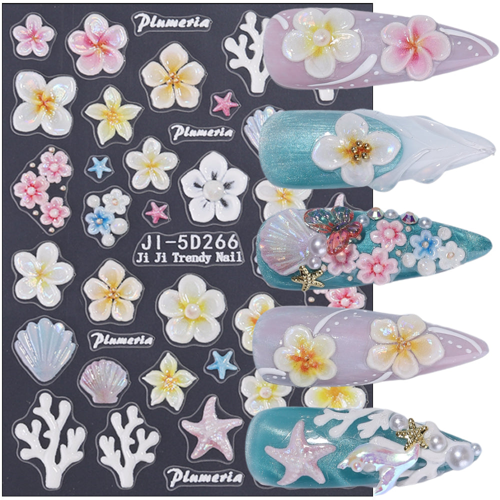 5D Embossed Ocean Flower Nail Stickers Seashell Starfish 3D Nail Decals