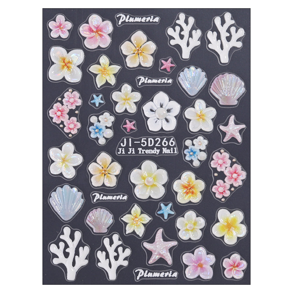 5D Embossed Ocean Flower Nail Stickers Seashell Starfish 3D Nail Decals
