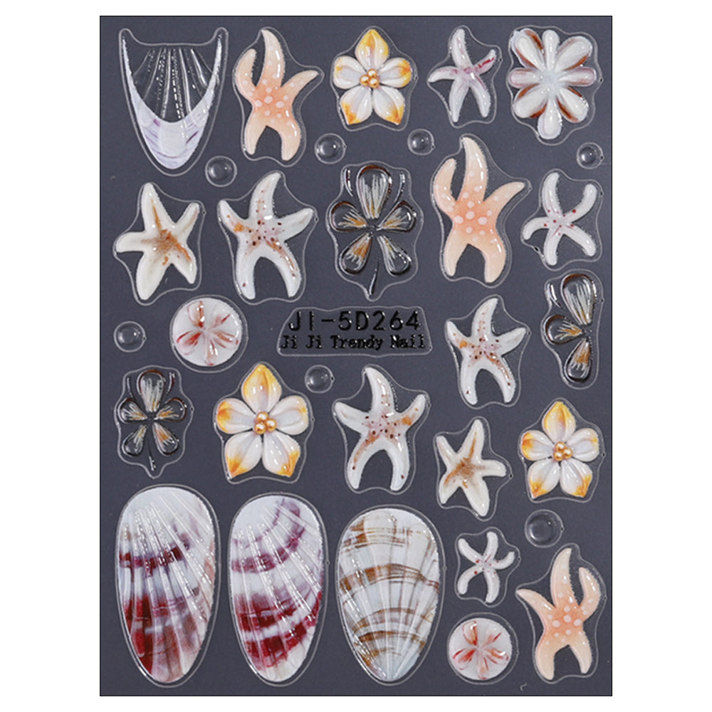 5D Embossed Ocean Flower Nail Stickers Seashell Starfish 3D Nail Decals