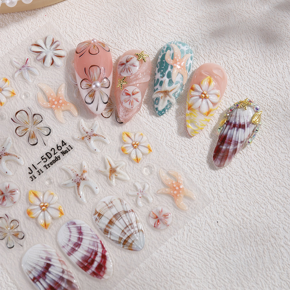 5D Embossed Ocean Flower Nail Stickers Seashell Starfish 3D Nail Decals