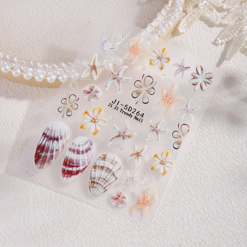 5D Embossed Ocean Flower Nail Stickers Seashell Starfish 3D Nail Decals