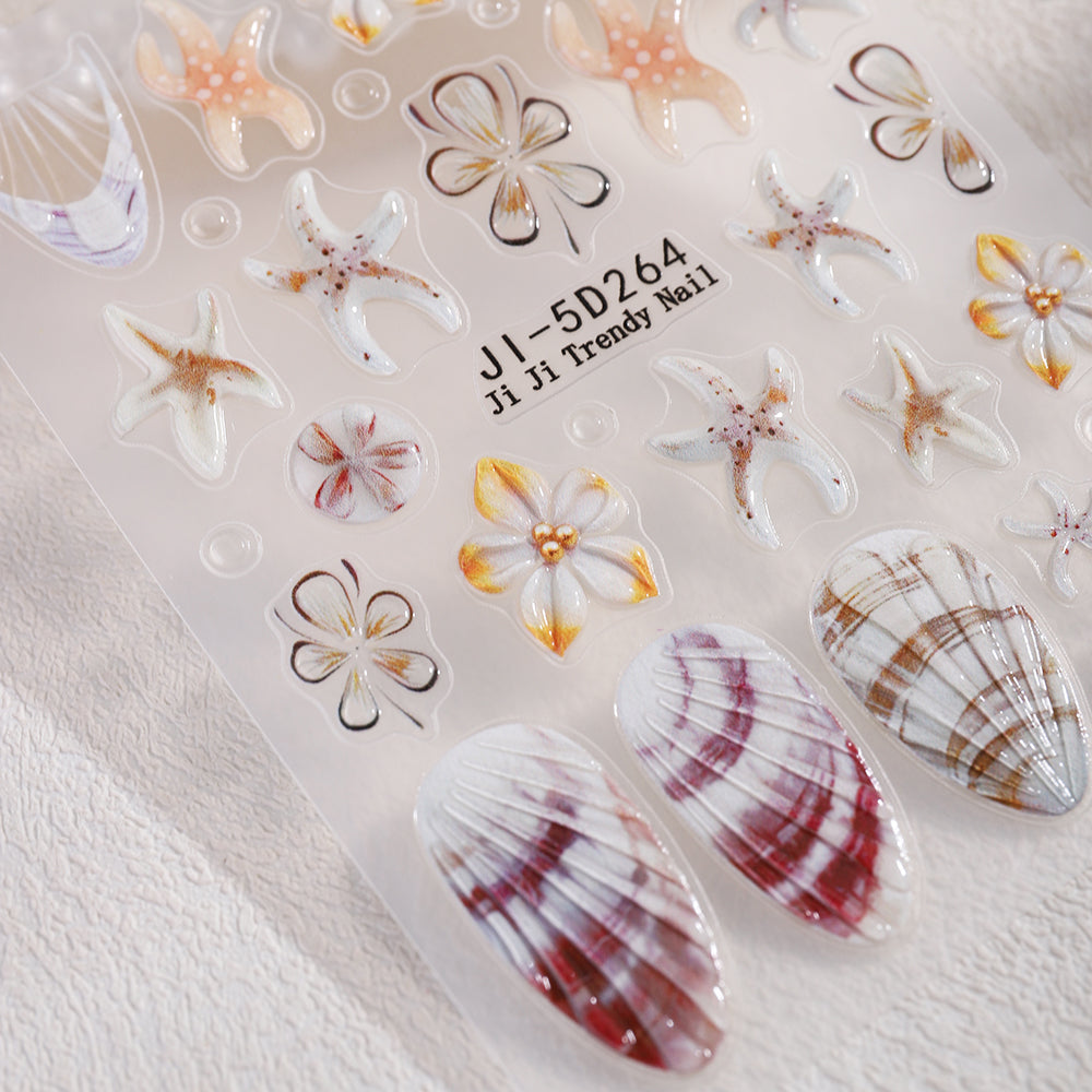 5D Embossed Ocean Flower Nail Stickers Seashell Starfish 3D Nail Decals