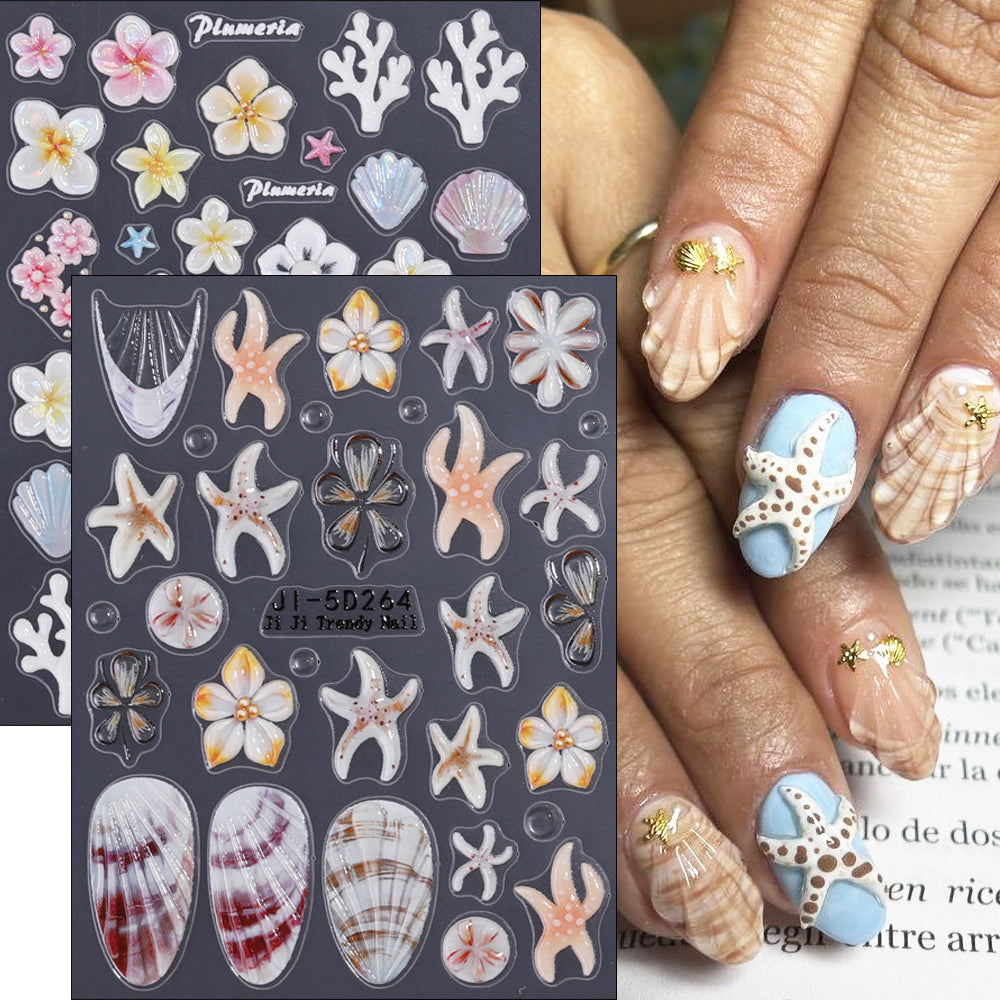 5D Embossed Ocean Flower Nail Stickers Seashell Starfish 3D Nail Decals