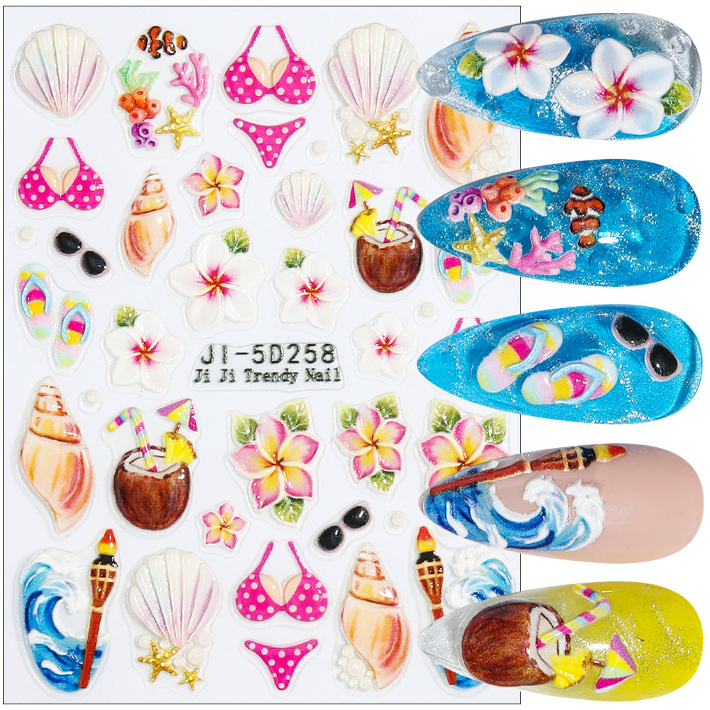 5D Embossed Tropical Hawaiian Nail Stickers Vacation Flower Fish Nail Decals