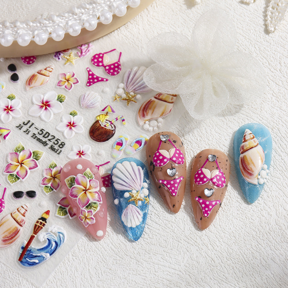 5D Embossed Tropical Hawaiian Nail Stickers Vacation Flower Fish Nail Decals