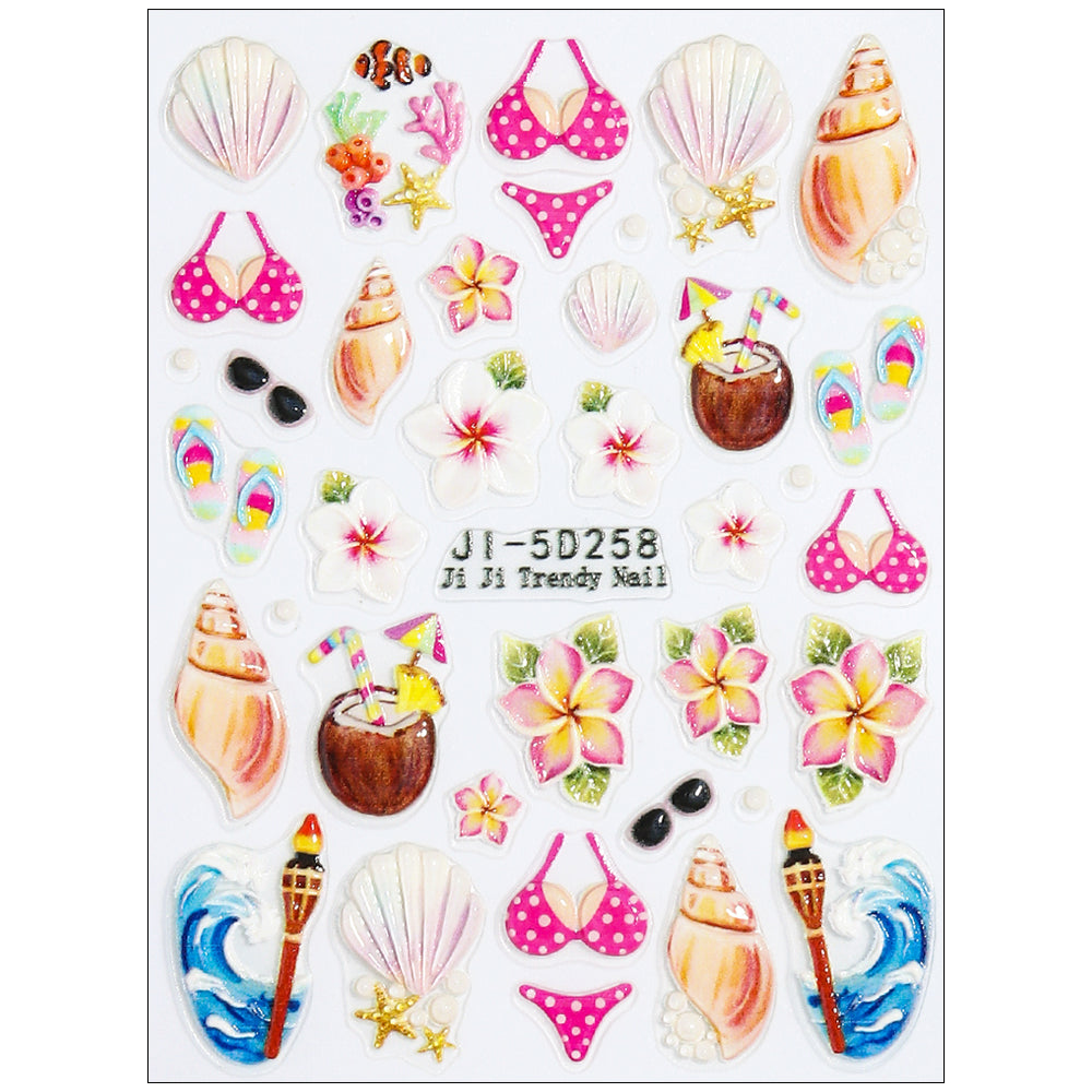 5D Embossed Tropical Hawaiian Nail Stickers Vacation Flower Fish Nail Decals