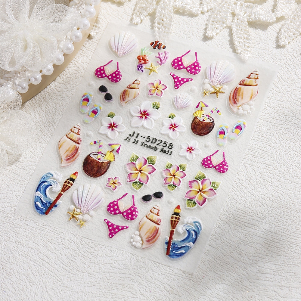 5D Embossed Tropical Hawaiian Nail Stickers Vacation Flower Fish Nail Decals