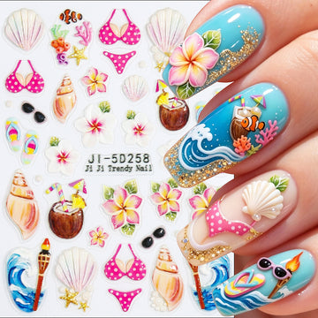 5D Embossed Tropical Hawaiian Nail Stickers Vacation Flower Fish Nail Decals
