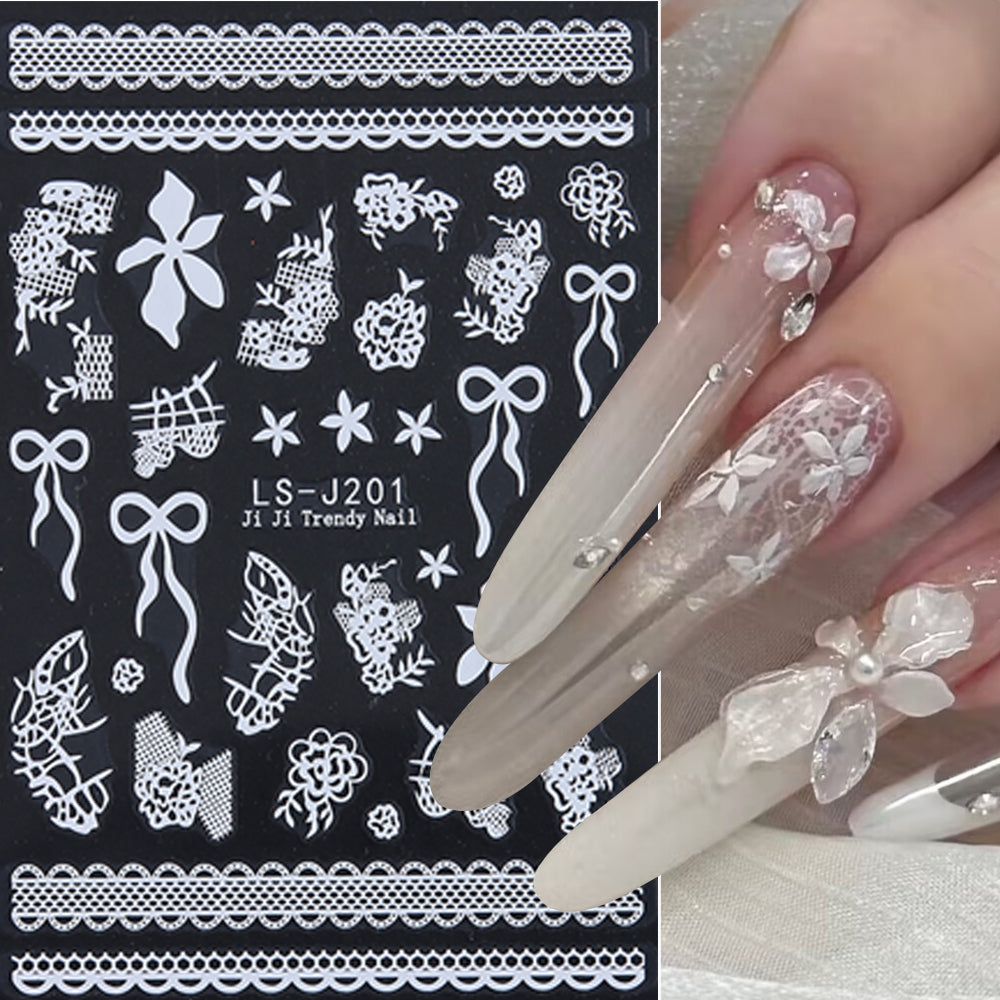 5D Embossed White Flowers Nail Stickers Self Adhesive Floral Nail Decals Spring Rose Butterfly Nail Art