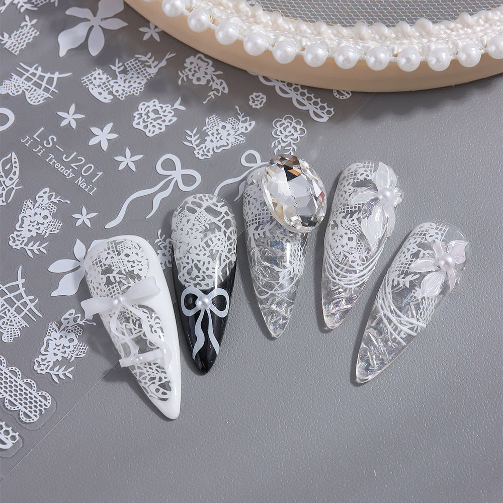 5D Embossed White Flowers Nail Stickers Self Adhesive Floral Nail Decals Spring Rose Butterfly Nail Art