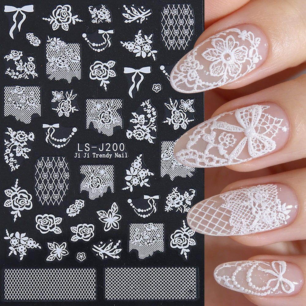 5D Embossed White Flowers Nail Stickers Self Adhesive Floral Nail Decals Spring Rose Butterfly Nail Art