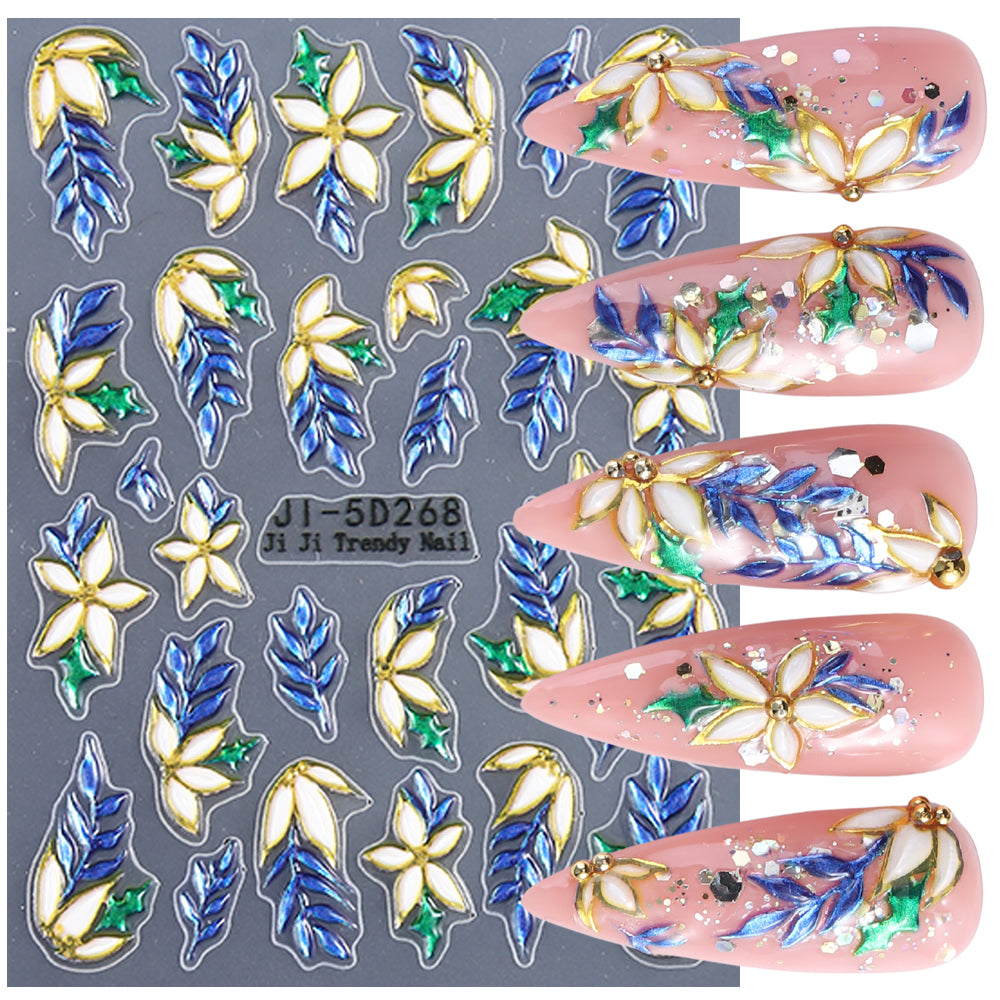 5D Floral Leaf Nail Stickers Gold Edge Embossed Nail Decals