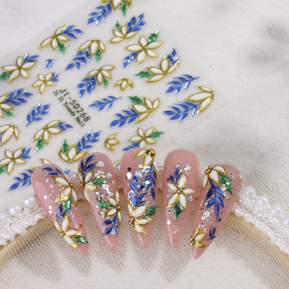 5D Floral Leaf Nail Stickers Gold Edge Embossed Nail Decals