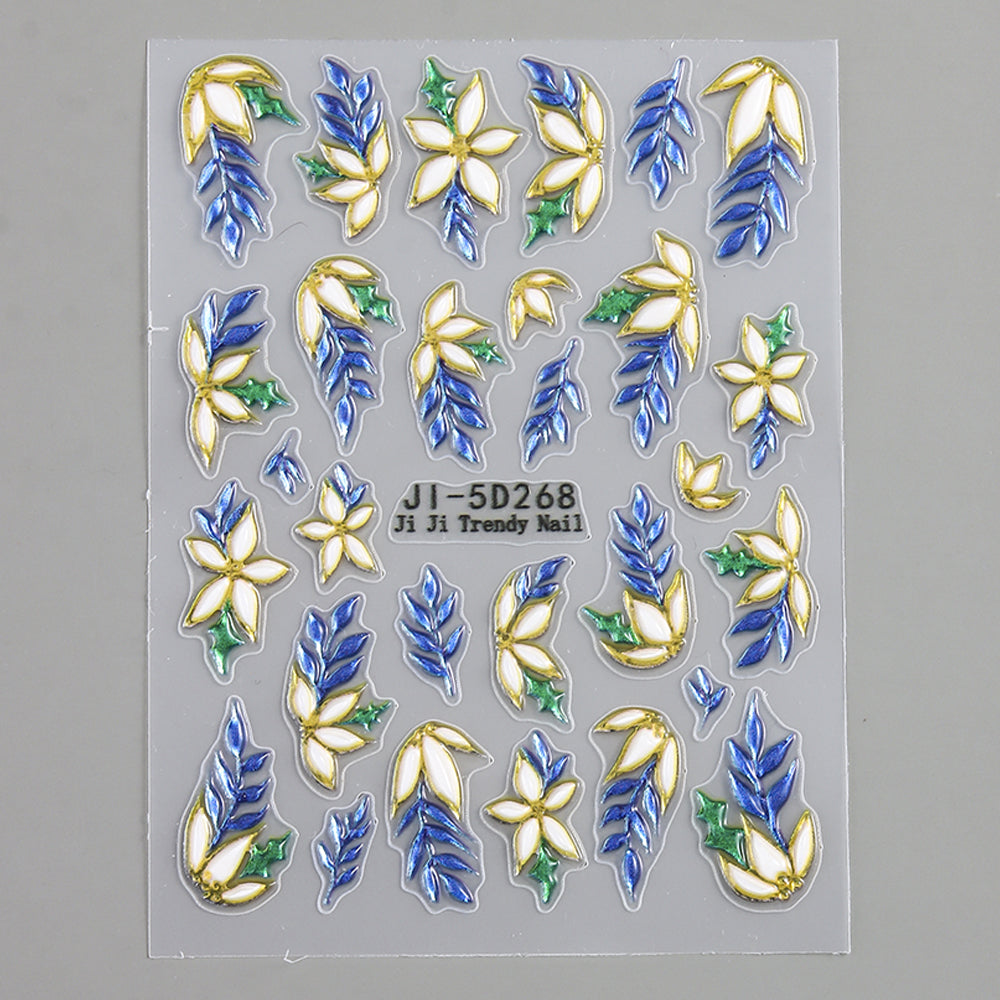 5D Floral Leaf Nail Stickers Gold Edge Embossed Nail Decals