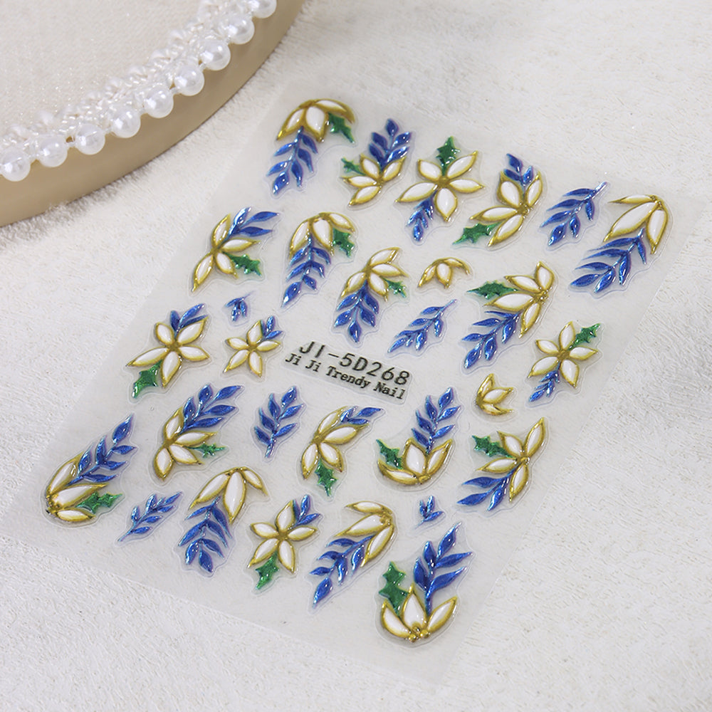 5D Floral Leaf Nail Stickers Gold Edge Embossed Nail Decals
