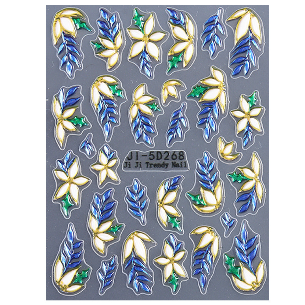 5D Floral Leaf Nail Stickers Gold Edge Embossed Nail Decals